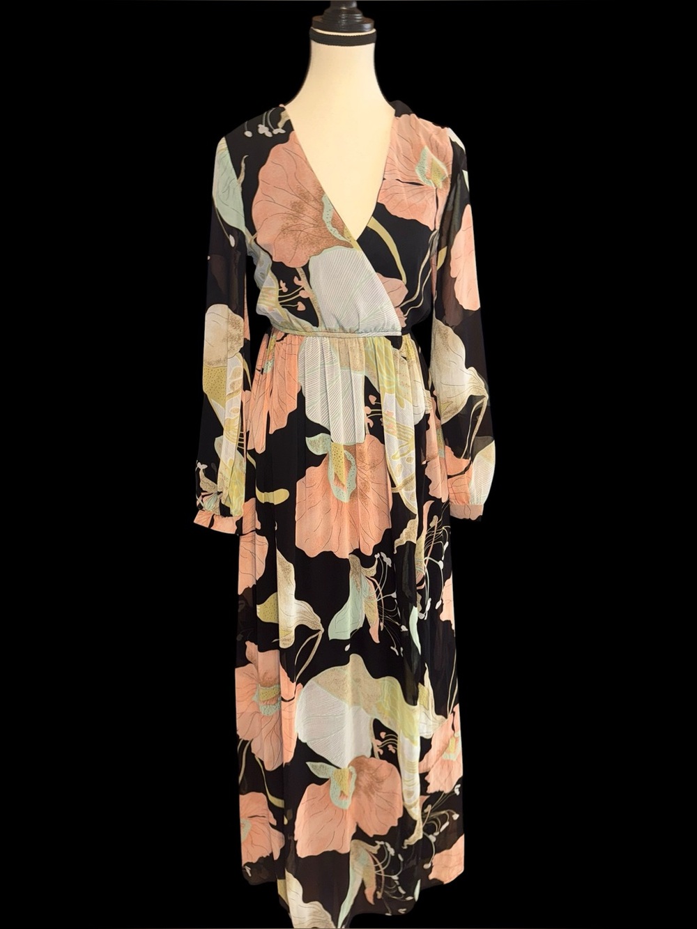 Lulus XS Black Floral Botanical Long Sleeve V Neck Maxi Dress NWT Boho sheer